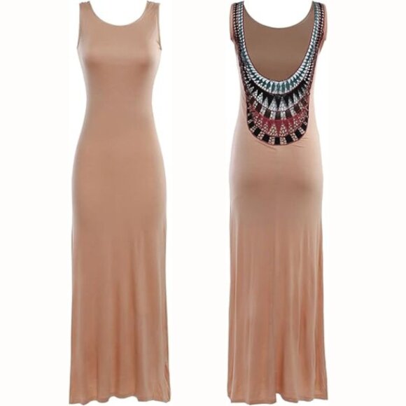 Double Zero Dresses & Skirts - Double Zero Sleeveless Aztec Scoop Back Maxi Dress Taupe